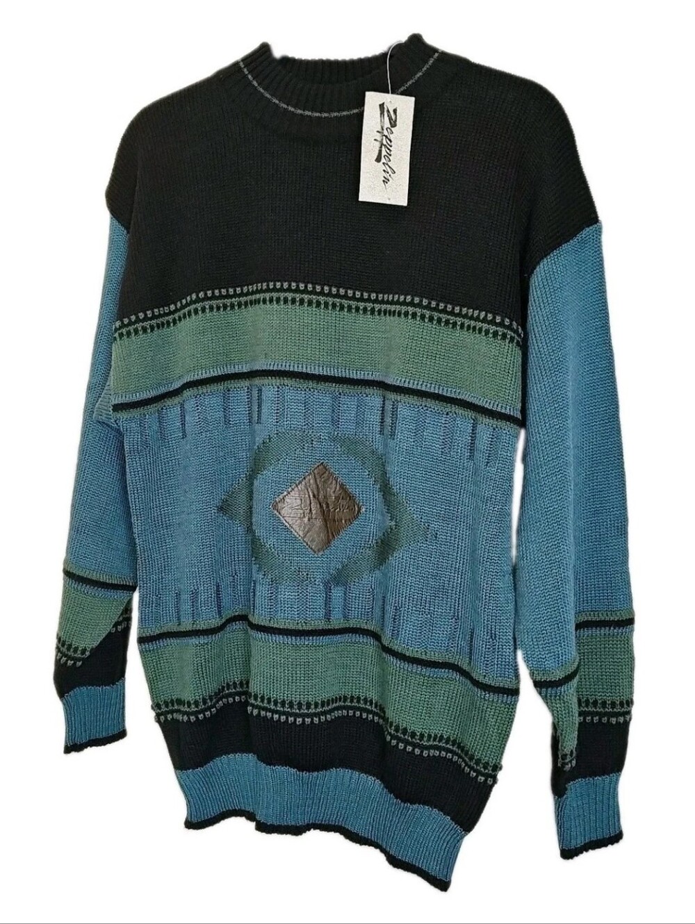 Zeppelin Sweater Men Med Ribbed Knit Rolled Neck Diamond Patch Logo Vtg NOS Nwt